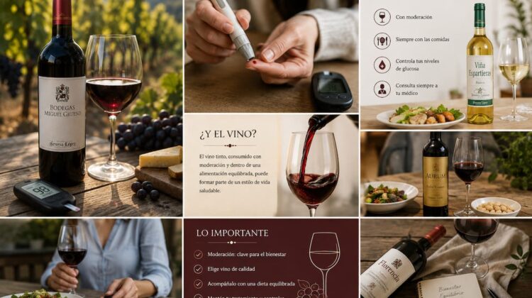 Una persona diabética puede tomar vino: copa de vino tinto seco servida con comida.