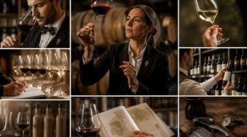 Cómo se llama la persona experta en vinos: enólogo catando una copa en bodega.