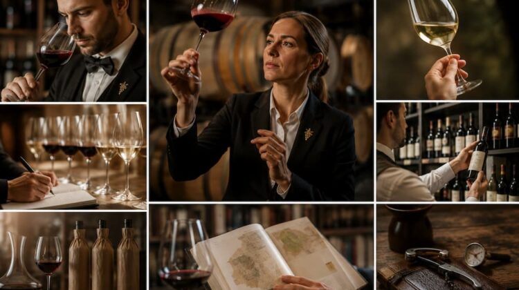Cómo se llama la persona experta en vinos: enólogo catando una copa en bodega.