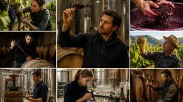 Cómo se llaman las personas que hacen vinos: enólogo trabajando en la bodega.
