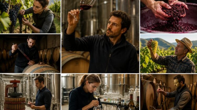 Cómo se llaman las personas que hacen vinos: enólogo trabajando en la bodega.