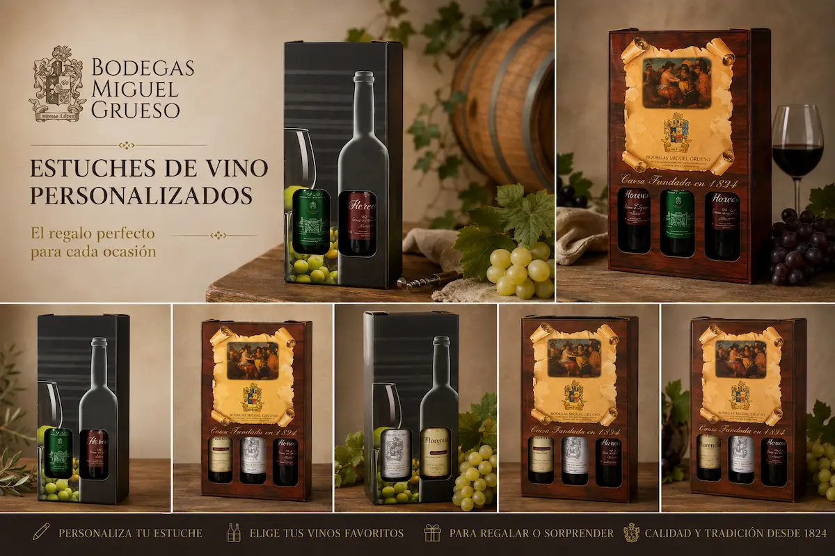 Estuches de vino personalizados con botellas de tinto y blanco de bodega familiar. Estuche de madera para 3 botellas de vino, ideal como regalo de empresa o cumpleaños. Comprar caja de vino para regalar online con etiquetas personalizadas y envío gratis.